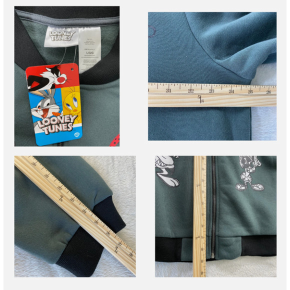 Warner Bros Y2K Looney Tunes Bomber Jacket Men XL Gray Cartoon Graphic Print NWT - Picture 8 of 9